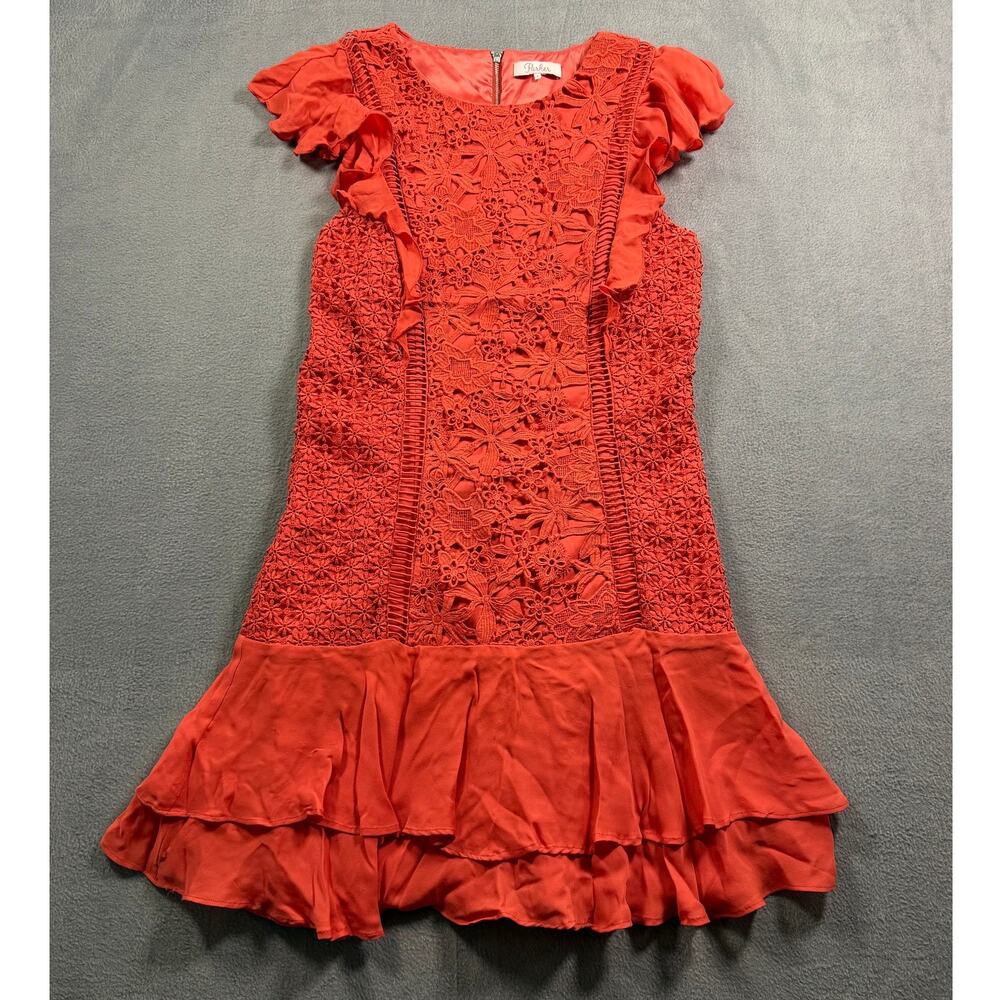 Parker New York Women's Size 8 Talulah Lace Ruffle Mini Dress Orange Coral Party